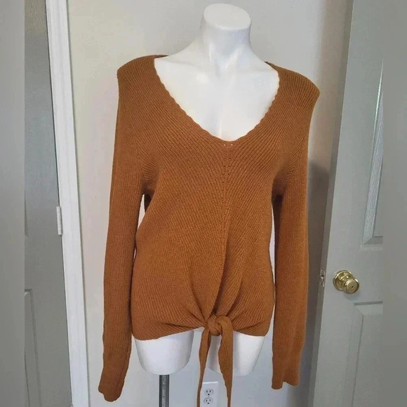 Anthropologie Moth Freeport Rust Orange Front Tie Knot V-Neck Ribbed Sweater(M) - Picture 2 of 8